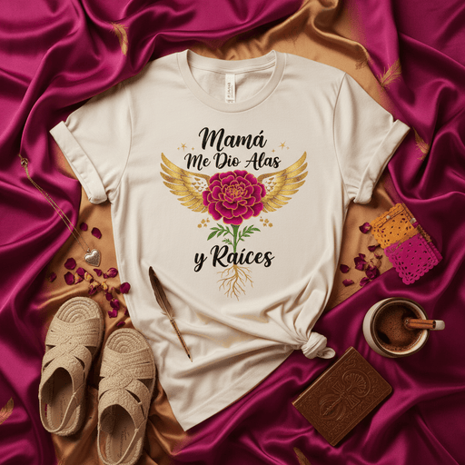 Mamá Me Dio Alas y Raíces Shirt, Golden Wings Marigold Flower, Spanish Quote T-Shirt for Mom, Mother's Day Gift, Heritage Culture Roots Tee, Inspiring Family Love Graphic Top Mexicada