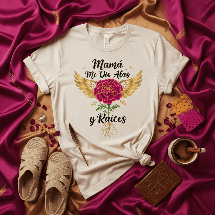 Mamá Me Dio Alas y Raíces Shirt, Golden Wings Marigold Flower, Spanish Quote T-Shirt for Mom, Mother's Day Gift, Heritage Culture Roots Tee, Inspiring Family Love Graphic Top Mexicada