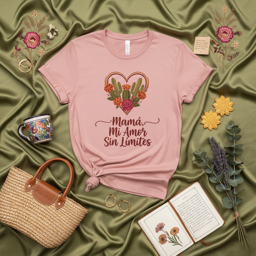 Mamá Mi Amor Sin Límites T-Shirt Corazón Floral Cactus, Camiseta Unisex con Frase del Día de la Madre en Español, Regalo para Mamá, Amante de las Flores y Desierto, Estilo Bohemio, Polera para Mujer Mexicada