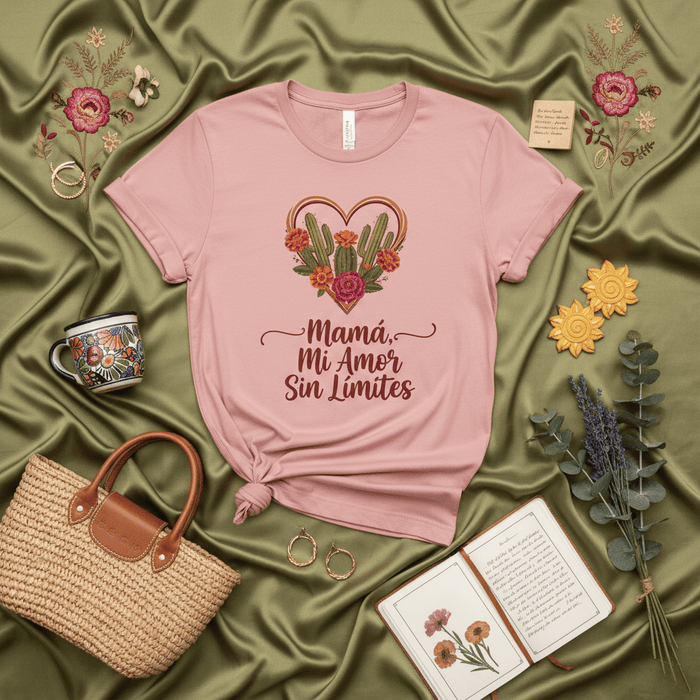 Mamá Mi Amor Sin Límites T-Shirt Corazón Floral Cactus, Camiseta Unisex con Frase del Día de la Madre en Español, Regalo para Mamá, Amante de las Flores y Desierto, Estilo Bohemio, Polera para Mujer Mexicada