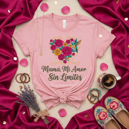 Mamá, Mi Amor Sin Límites T-Shirt, Mother's Day Gift, Corazón de Rosas y Colibrí, Regalo para Mamá, Playera Unisex, Camiseta Rosa, Regalo Español Mexicada