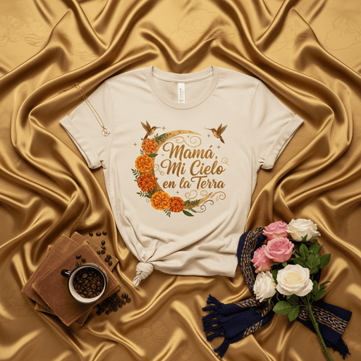 Mamá Mi Cielo en la Tierra T-Shirt, Día de Muertos Shirt, Marigold Flower Hummingbird Tee, Mexican Heritage Gift for Mom, Hispanic Mom Life T-shirt, Celestial Moon Design, Tan Unisex Apparel Mexicada
