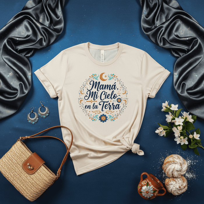 Mamá Mi Cielo en la Tierra T-Shirt, Mother's Day Gift for Mom, Floral Spanish Quote Tee, Religious Celestial Sun Moon Star Graphic Shirt, Unisex Hispanic Apparel Gift Mexicada