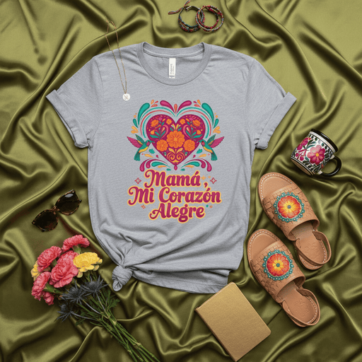 Mamá Mi Corazón Alegre T-Shirt, Mother's Day Gift, Vibrant Floral Corazón Design, Hispanic Mom Tee, Spanish Phrase Love Shirt, Celebration of Motherhood Top, Colorful Mexican Style Folk Art Apparel Mexicada
