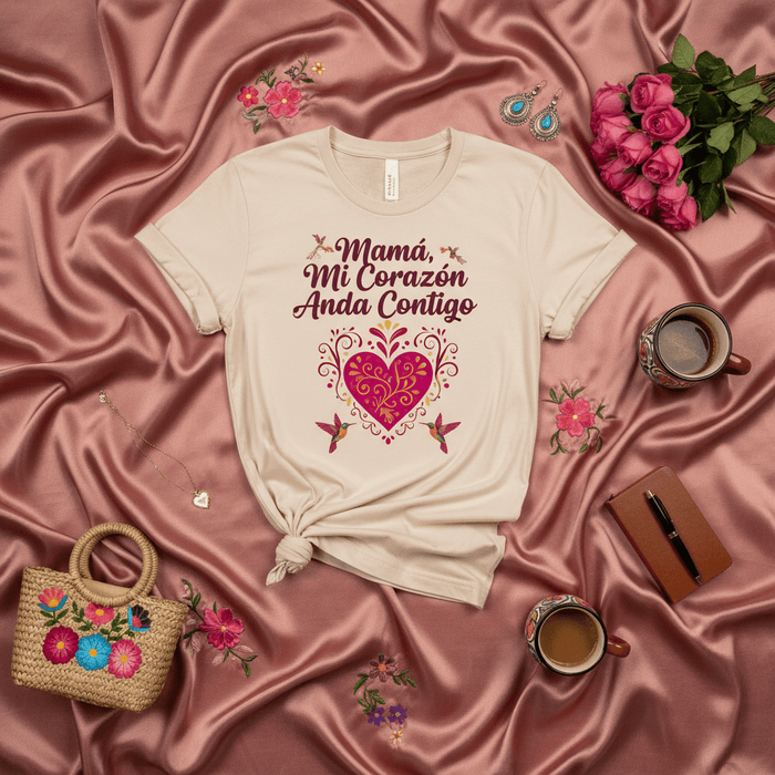 Mamá, Mi Corazón Anda Contigo T-Shirt, Día de las Madres Regalo, Corazón Floral, Colibríes, Spanish Mother's Day Gift Tee, Camiseta para Mamá Mexicada