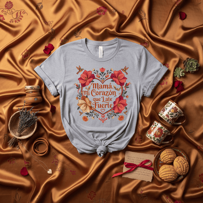 Mamá Mi Corazón Que Late Fuerte T-Shirt, Día de las Madres Regalo, Floral Hummingbird Heart Design, Spanish Mother's Day Tee, Latina Mom Gift Idea Mexicada