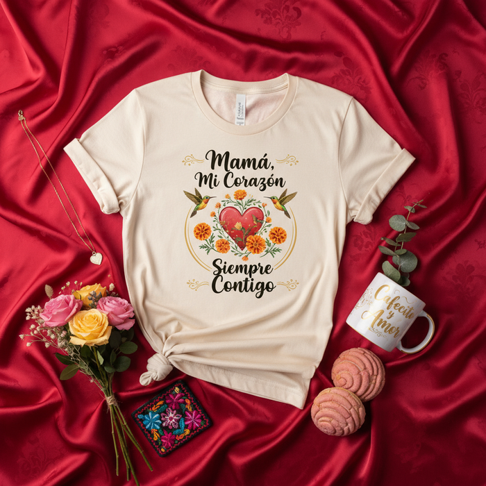 Mamá Mi Corazón Siempre Contigo Shirt, Spanish Mother's Day Gift, Floral Heart Hummingbird Marigold Tee, Día de las Madres Mom Gift Idea, Love Heart Concha Mug Bouquet T-Shirt Mexicada