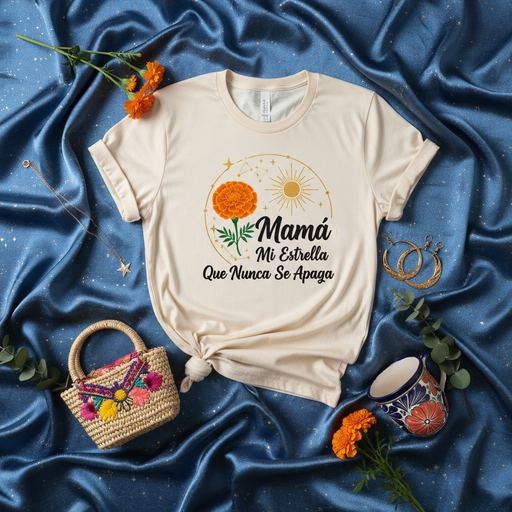 Mamá Mi Estrella Que Nunca Se Apaga Marigold Flower T-Shirt, Spanish Mother's Day Gift, Celestial Sun Star Mama Tee, Floral Día de las Madres Shirt, Gift for Mom from Daughter Son Mexicada