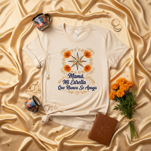 Mamá Mi Estrella Que Nunca Se Apaga T-Shirt, Mother's Day Gift, Spanish Mom Shirt, Marigold Floral Star Design, Regalo para Mamá, Mexican Culture Inspired Tee, Beige Unisex Shirt Mexicada