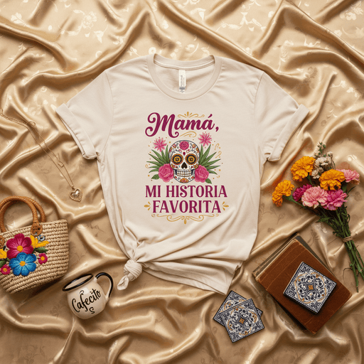 Mamá, Mi Historia Favorita Day of the Dead T-Shirt, Sugar Skull Mama's Favorite Story Tee, Dia de Muertos Mother's Gift Shirt, Floral Calavera Mom T-shirt, Spanish Phrase Gift for Mother's Day, Birthday or Christmas Mexicada