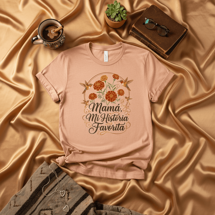 Mamá Mi Historia Favorita Hummingbird Marigold Flowers Shirt, Mother's Day Spanish T-Shirt Gift, Latina Mom Tee, Floral Graphic T-Shirt, Gift for Hispanic Mothers and Grandmothers Mexicada