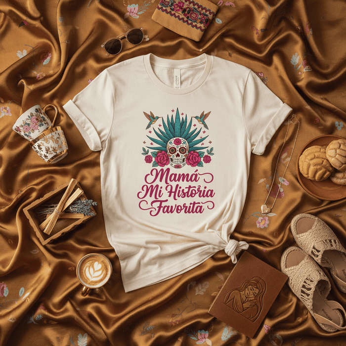 Mamá Mi Historia Favorita Shirt, Day of the Dead Sugar Skull, Dia de Muertos, Mom Favorite Story, Mexican Mother's Day, Agave Floral Hummingbird Unisex T-Shirt Mexicada