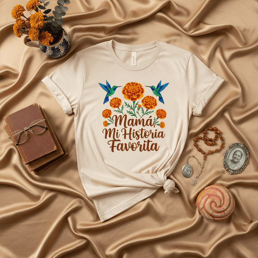 Mamá Mi Historia Favorita Shirt, Spanish Mother's Day Gift, Marigold Flowers Hummingbird T-Shirt, Día De Muertos Mom Tee, Latina Mama Birthday Present, Short-Sleeve Unisex T-Shirt Mexicada