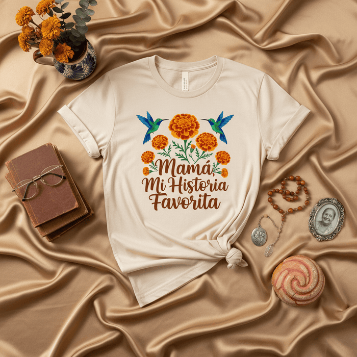 Mamá Mi Historia Favorita Shirt, Spanish Mother's Day Gift, Marigold Flowers Hummingbird T-Shirt, Día De Muertos Mom Tee, Latina Mama Birthday Present, Short-Sleeve Unisex T-Shirt Mexicada