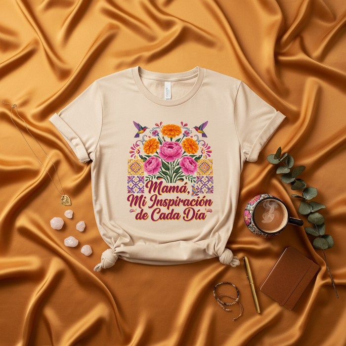 Mamá, Mi Inspiración de Cada Día Floral Hummingbird T-Shirt, Spanish Quote Tee for Mom, Mother's Day Gift, Cute Graphic T-shirt for Women, Mexican Folk Art Inspired Flowers Shirt Mexicada