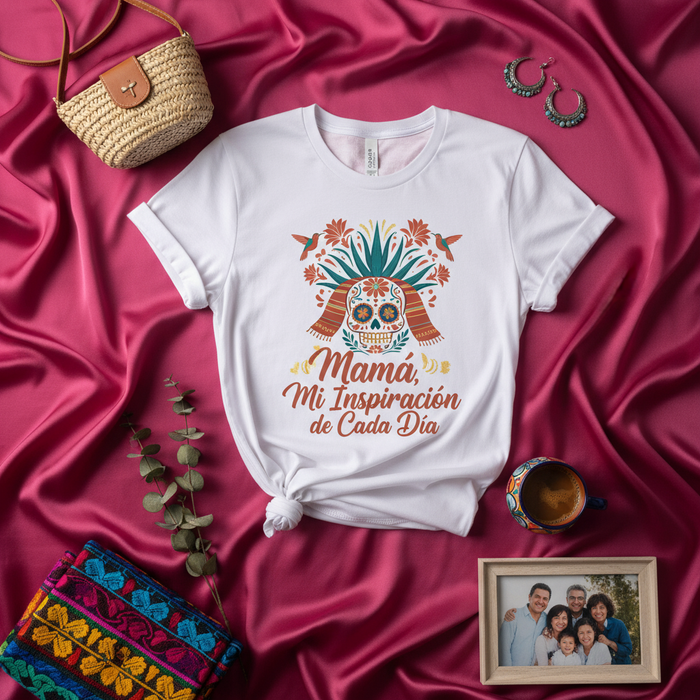 Mamá, Mi Inspiración de Cada Día Sugar Skull T-Shirt, Día de Muertos Tee, Mexican Celebration Shirt, Calavera Floral Mom Gift, Hummingbird Design Unisex T-Shirt Mexicada