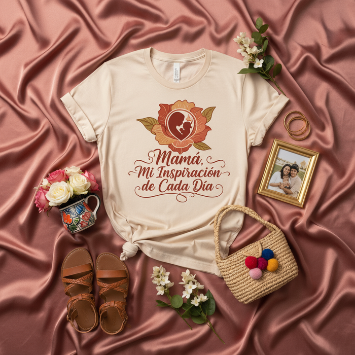 Mamá Mi Inspiración de Cada Día T-Shirt, Camiseta Regalo para Mami Madres, Floral Rosa Corazón Bebé, Camisa de Mujer Unisex, Estilo Casual Español Mexicada
