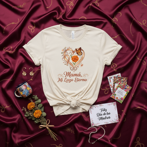 Mamá, Mi Lazo Eterno Camiseta Día de las Madres con Mariposa y Flor de Cempasúchil, Regalo para Mamá en Español, Playera Unisex Gráfico de Corazón Floral Mexicada