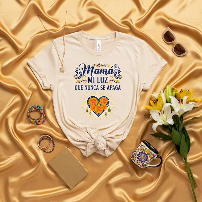 Mamá Mi Luz Que Nunca Se Apaga Shirt, Día de Muertos Inspired Heart Marigold T-Shirt, Spanish Mother's Day Gift, Floral Mexican Culture Tee, Family Love Mexicada