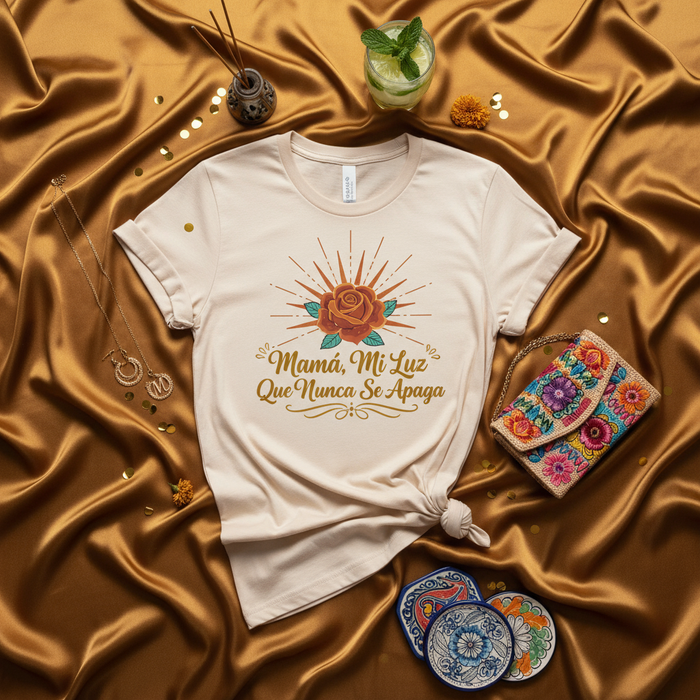 Mamá, Mi Luz Que Nunca Se Apaga T-Shirt, Mother's Day Gift, Spanish Mom Shirt, Rose Graphic Tee, Regalo para Mamá, Mexican Flower Embroidery Style, Unisex Tee for Latina Mothers, Sunburst Design Mexicada