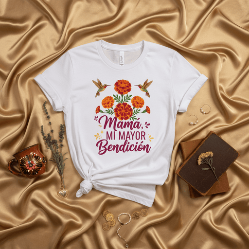 Mamá Mi Mayor Bendición T-Shirt, Día de las Madres Marigold Hummingbird Shirt, Spanish Mother's Day Gift for Mom, Floral Mexican Graphic Tee, Blessing T-Shirt Mexicada