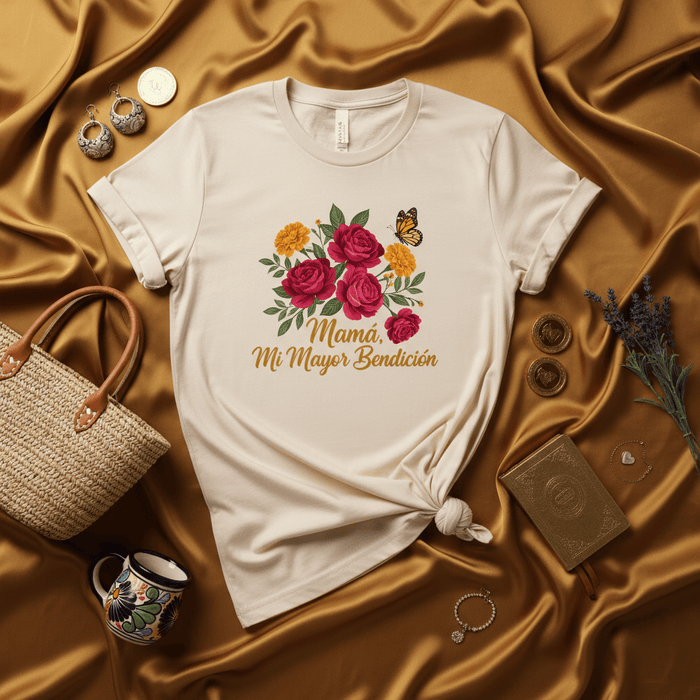 Mamá, Mi Mayor Bendición T-Shirt, Spanish Mother's Day Shirt, Floral Rose Butterfly Graphic Tee, Gift for Mom Latina, Tan Unisex Shirt, Spanish Gift for Mother, Rosa Flores Mariposa Mexicada