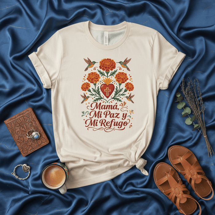 Mamá Mi Paz y Mi Refugio Shirt, Sacred Heart Marigold Hummingbird Tee, Day of the Dead Mom Gift, Dia de Muertos Hispanic Mother T-Shirt Mexicada