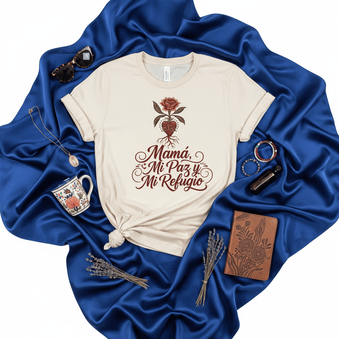 Mamá Mi Paz y Mi Refugio T-Shirt, Mother's Day Gift Tee, Spanish Shirt for Mom, Rose Heart Graphic Shirt, Floral Design Unisex T-Shirt, Regalo para Mamá Mexicada