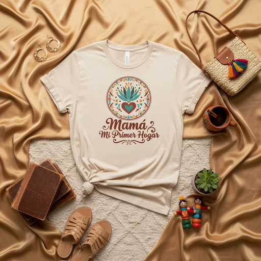 Mamá Mi Primer Hogar T-Shirt, Camiseta Mexicana de Día de las Madres, Regalo para Mamá Latina, Diseño Floral Corazón Agave, Playera Beige Unisex Mexicada