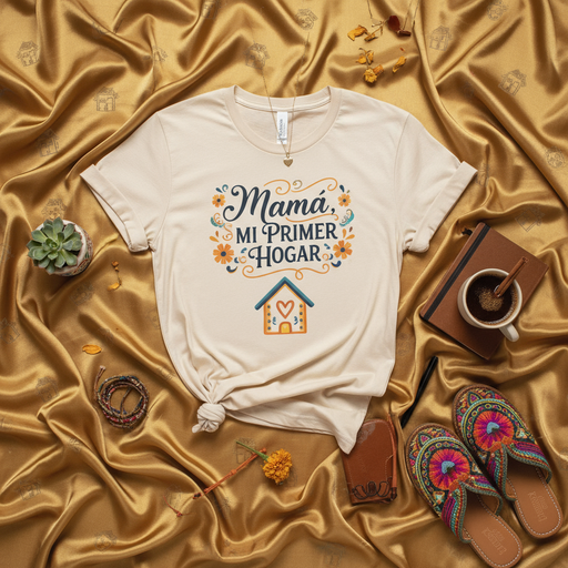 Mamá Mi Primer Hogar T-Shirt, Mother's Day Gift, Spanish Mama Tee, Floral Heart House Graphic Shirt, Cute Latin Motherhood Top, Gift for Mom from Child, Beige Unisex Short Sleeve Shirt Mexicada