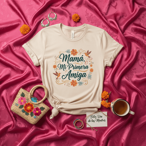 Mamá Mi Primera Amiga T-Shirt, Regalo Día de las Madres, Playera Floral de Mujer, Camisa Española Unisex, Celebración Latina Mami Mexicada