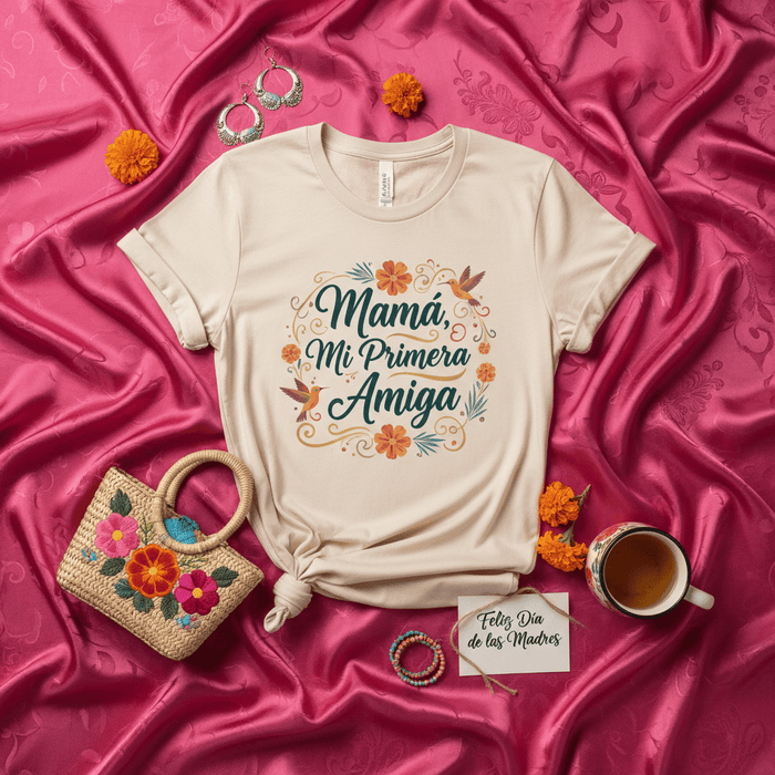 Mamá Mi Primera Amiga T-Shirt, Regalo Día de las Madres, Playera Floral de Mujer, Camisa Española Unisex, Celebración Latina Mami Mexicada