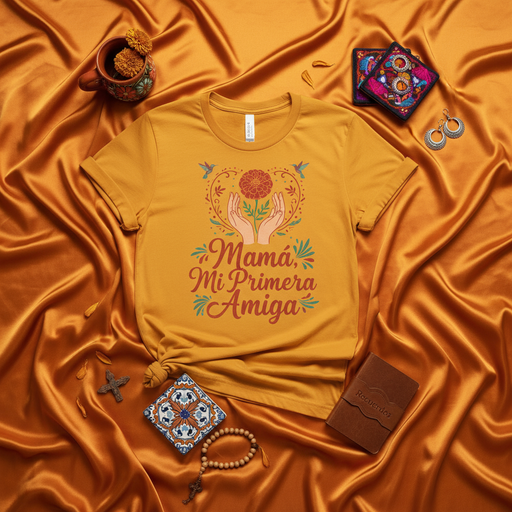 Mamá Mi Primera Amiga T-Shirt, Spanish Mother's Day Gift, Floral Hand Design Tee, Mom First Friend Shirt, Latina Mother Present, Mustard Yellow Unisex Graphic Top Mexicada