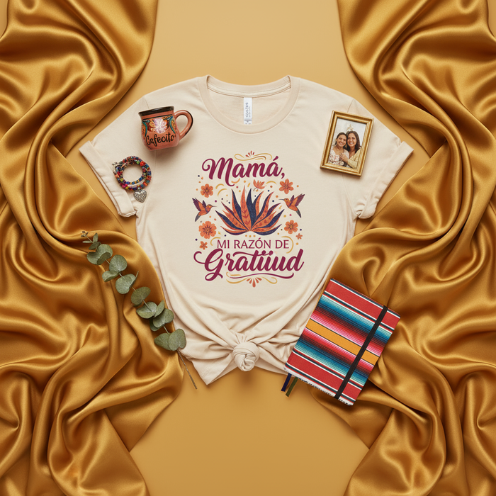 Mamá Mi Razón De Gratitud T-Shirt, Spanish Mother's Day Shirt, Mexican Serape, Agave Plant, "Cafecito" Mug, Latina Mom Gift, Dia de las Madres, Gratitude Tee, Spanish Quote, Latinx Gift, Unisex Fit Mexicada