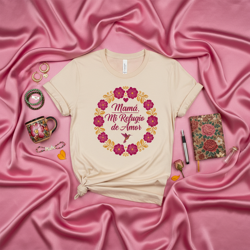 Mamá, Mi Refugio de Amor T-Shirt, Camiseta Regalo para Mamá, Hummingbird, Flores Rosadas, Día de las Madres, Spanish Mother's Day Gift Tee Mexicada