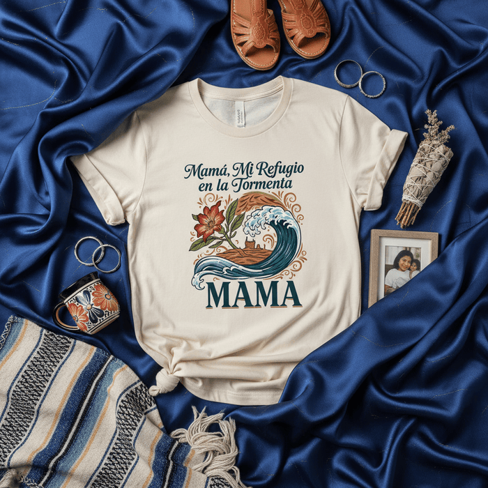 Mamá, Mi Refugio en la Tormenta MAMA Unisex T-Shirt, Spanish Mother's Day Gift Tee with Ocean Wave, Flower, and Island Graphic, Family Love Apparel, Camiseta para Mamá Mexicada