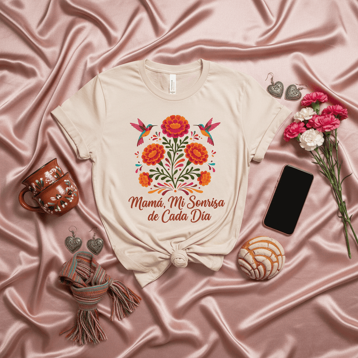 Mamá, Mi Sonrisa de Cada Día Mexican Floral Mother's Day T-Shirt, Hummingbird Folk Art Tee, Spanish Mom Gift, Latina Mama Shirt, Cute Concha and Coffee Mug Photo Prop Mexicada