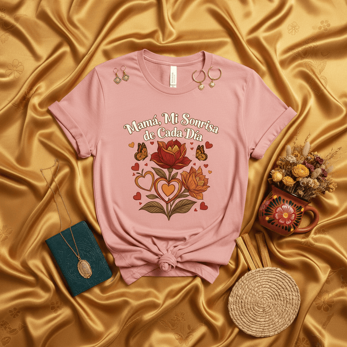 Mamá, Mi Sonrisa de Cada Día T-Shirt, Día de la Madre Regalo, Camiseta de Flor Retro Bohemio con Mariposas y Corazones, Blusa Española para Mamás, Abuelas, Madrinas, Rosa Palo Mexicada