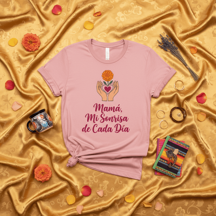 Mamá, Mi Sonrisa de Cada Día T-Shirt, Día de las Madres Regalo, Spanish Mother's Day Gift Tee, Corazón y Flor, Amor de Madre Playera, Camiseta para Mamá Latina, Regalo para Abuela, Pink Unisex Shirt Mexicada