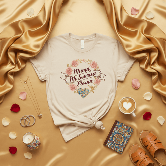 Mamá Mi Sonrisa Eterna T-Shirt, Mother's Day Floral Design Tee, Spanish Mom Shirt, Regalo para Mamá, Heart Graphic Top, Unisex Jersey Short Sleeve T-Shirt Mexicada