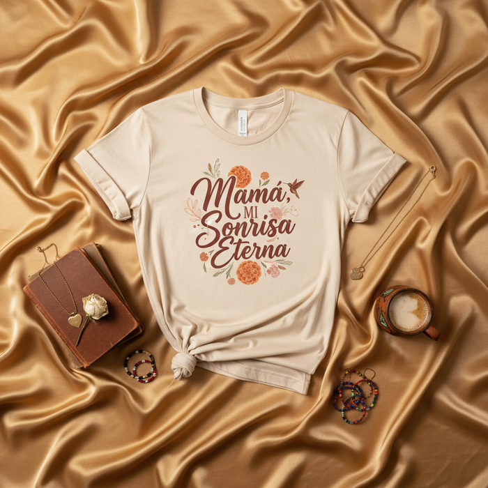 Mamá Mi Sonrisa Eterna T-Shirt, Spanish Mother's Day Shirt, Regalo para Mamá, Floral Mom Tee, Latina Mother Gift, Beige Short Sleeve Unisex Shirt for Mom Mexicada