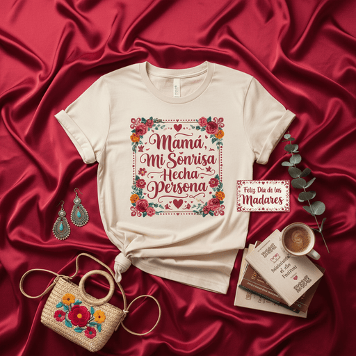 Mamá Mi Sonrisa Hecha Persona Camiseta Unisex para el Día de las Madres, Playera en Crema con Diseño Floral Vintage, Regalo para Mamá, Abuela, Tía, Celebración Familiar y Fiestas. Mexicada