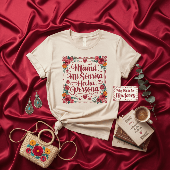 Mamá Mi Sonrisa Hecha Persona Camiseta Unisex para el Día de las Madres, Playera en Crema con Diseño Floral Vintage, Regalo para Mamá, Abuela, Tía, Celebración Familiar y Fiestas. Mexicada