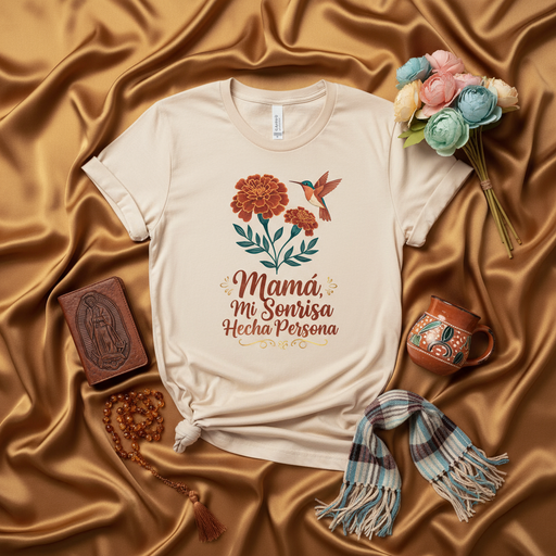 Mamá Mi Sonrisa Hecha Persona T-Shirt, Mother's Day Gift, Hummingbird Marigold Flower Tee, Spanish Quote Shirt for Mom, Regalo para Mamá, Mexican Culture Inspired Graphic T-Shirt, Beige Unisex Shirt Mexicada