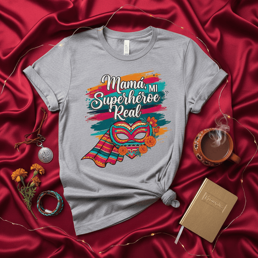 Mamá Mi Superhéroe Real T-Shirt - Spanish Mother's Day Tee with Colorful Mask and Capa Graphic - Dia de las Madres Gift for Mom, Latina Supermom, or Mujer Fuerte Mexicada