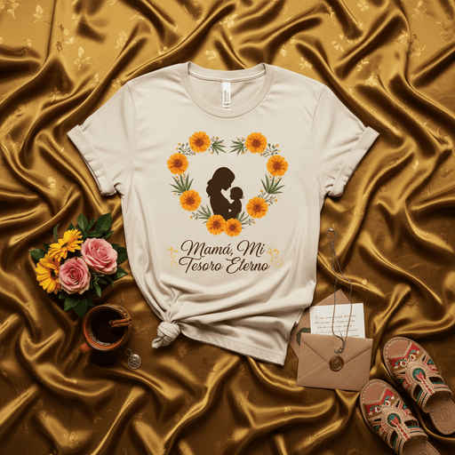 Mamá, Mi Tesoro Eterno Camiseta Unisex con Diseño Floral de Corazón y Silueta de Madre e Hijo, Regalo para el Día de la Madre, Camisa en Español. Mexicada