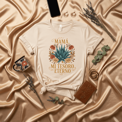 Mamá Mi Tesoro Eterno T-Shirt, Agave Plant Floral Design Tee, Spanish Mom Gift, Mother's Day Shirt, Women's Mexican Heritage Apparel, Beige Unisex Top Mexicada