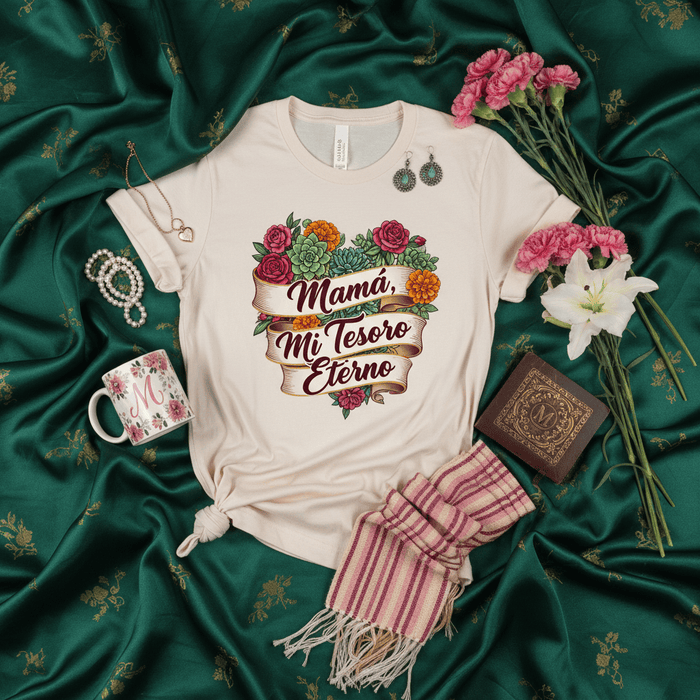 Mamá Mi Tesoro Eterno T-Shirt, Día de la Madre Floral Heart Tee, Regalo para Mamá Española, Forever Treasure Mom Gift, Camiseta para Madre Latina Mexicada