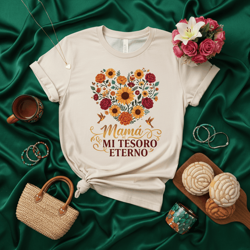 Mamá Mi Tesoro Eterno T-Shirt, Mother's Day Floral Heart Shirt, Spanish Language Gift for Mom, Día de las Madres Sunflowers and Roses Tee, Fall Colors Motherhood Appreciation Top Mexicada