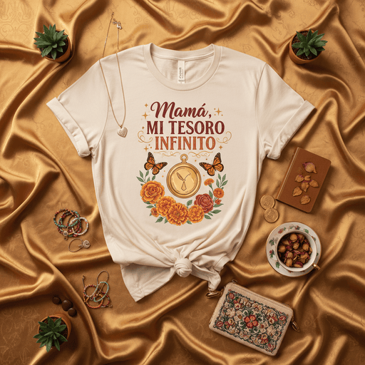 Mamá Mi Tesoro Infinito T-Shirt, Spanish Mother's Day Shirt, Floral Butterfly Pocket Watch Design Tee, Gift for Mom, Día de la Madre Top, Cute Graphic T-Shirt, Unisex Fit, Nude Beige Color Mexicada